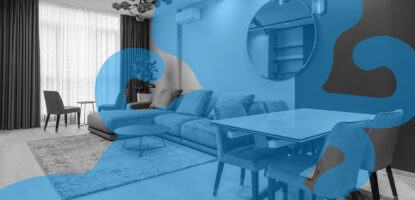 Photographic image showing interior space of apartment building, including kitchen table and chairs and couch. Image has a decorative graphic treatment on top of image.