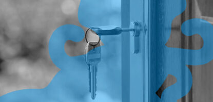 Image showing close up of keys in a door lock. Image has a decorative graphic treatment on top of image.