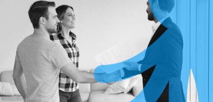 Image showing tenants and landlord shaking hands. Image has a decorative graphic treatment on top of image.