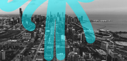 Skyline image of Chicago with decorative graphic treatment on top of image.
