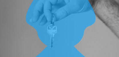Image showing person's hand holding keys with decorative graphic treatment on top of image.
