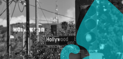 Skyline image of Hollywood and street sign with decorative graphic treatment on top of image.