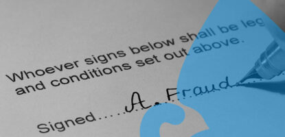 Image showing close up of document being signed with a fake signature with decorative graphic overlay on top of image.