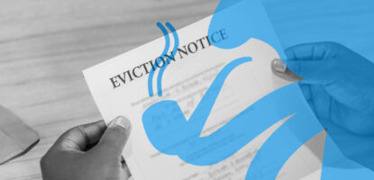 Image showing up close shot of person holding eviction notice document with decorative graphic treatment overlay.